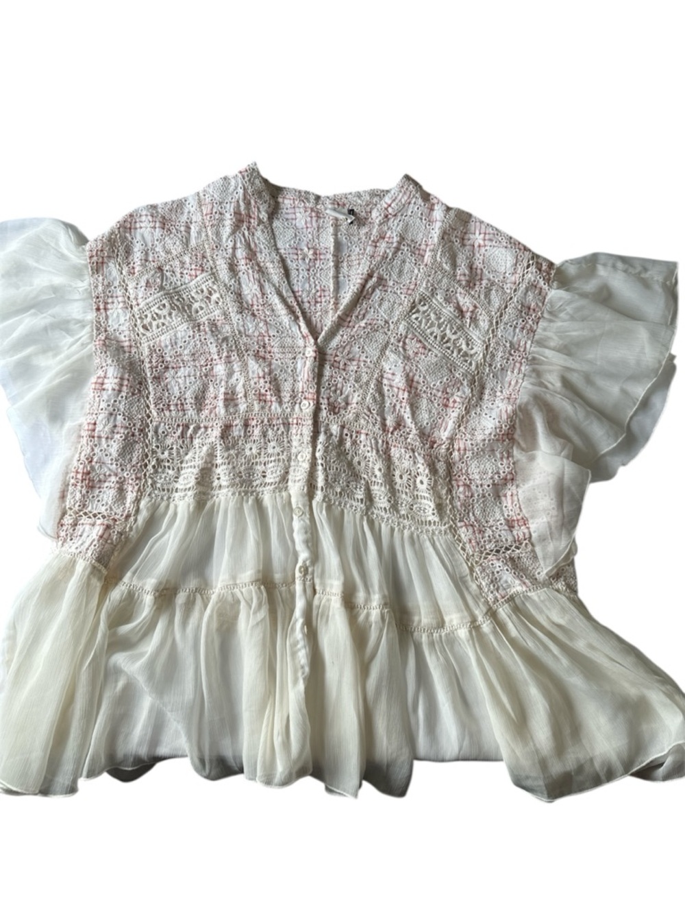 Anthropologie Akemi + Kin bohemian Embroidered Lace Sheer Short Sleeve Top Large
